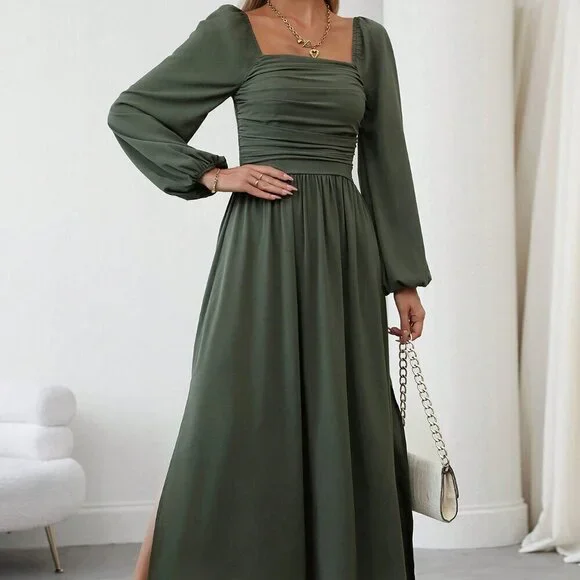 Green Elegant Women's Casual Square Neck Pleated Lantern Sleeve Dress - Picture 3 of 7